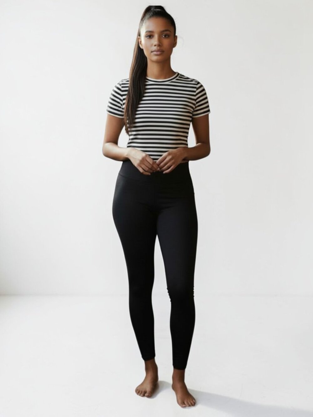 HALARA Striped Ruched Crop Top Black White Short Sleeve - Size Medium - NWT